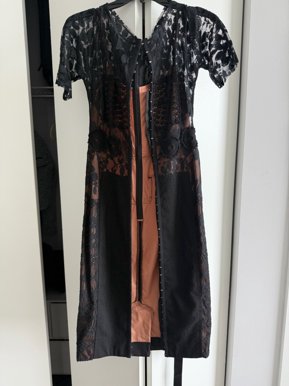 Anthropologie Black Lace Midi Dress with Rust Slip